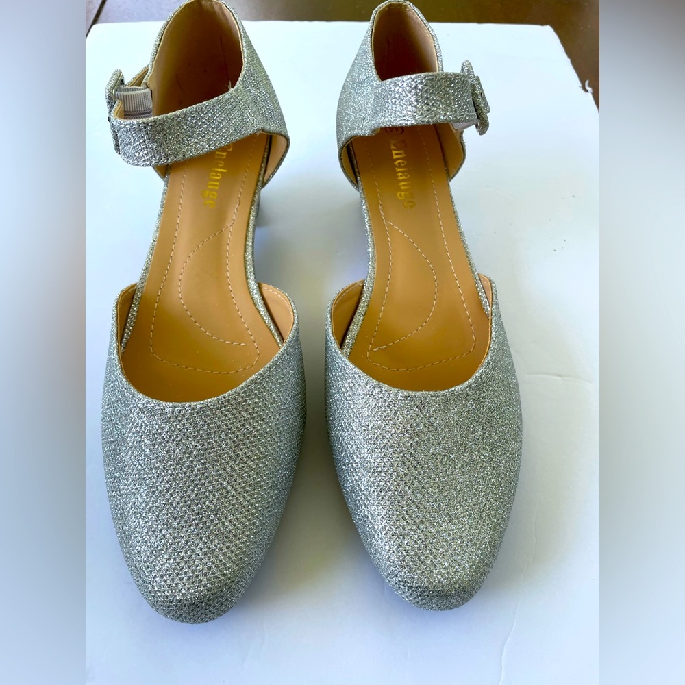 Enelauge Silver Glitter Heels with Ankle Strap - Size 10.5